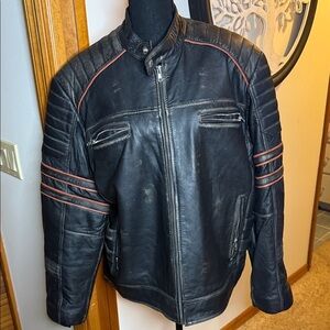 Lexther Men's Black Leather Jacket with Red Accents